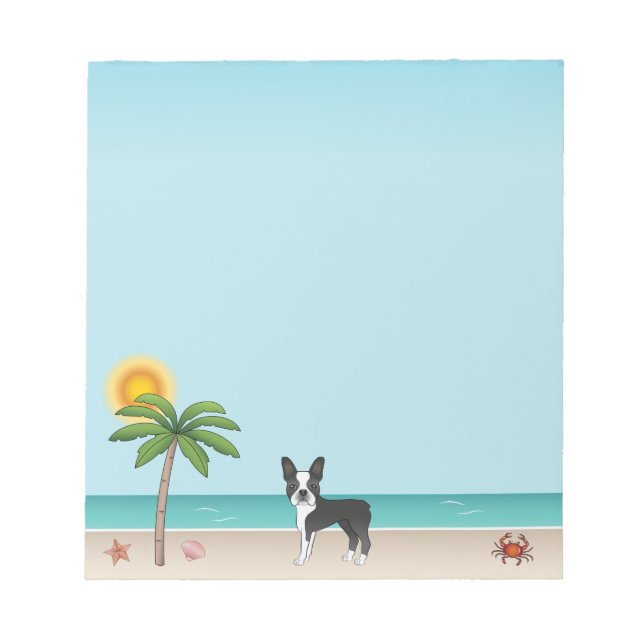 Bloco De Notas Boston Terrier Preto em uma Praia Tropical de Verã (Frente)