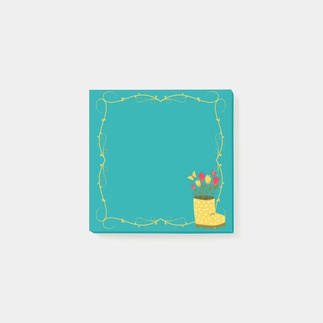 Bloco De Notas Bota de Chuva Primavera, Tulipa, Borboleta Post-It (Frente)