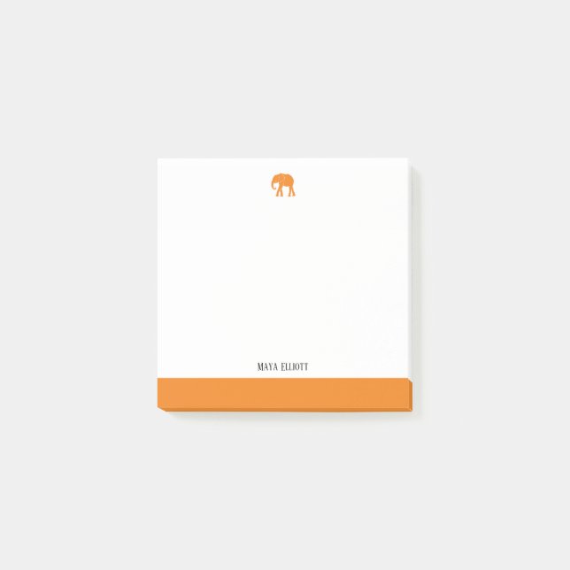 Bloco De Notas Branco com Elefante Laranja Brilhante e Borda + No (Frente)