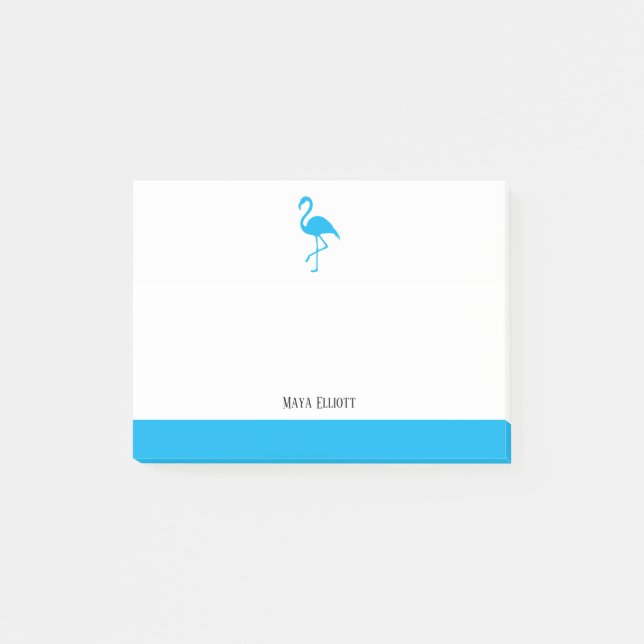 Bloco De Notas Branco no Sky Blue Flamingo & Borda com Nome (Frente)