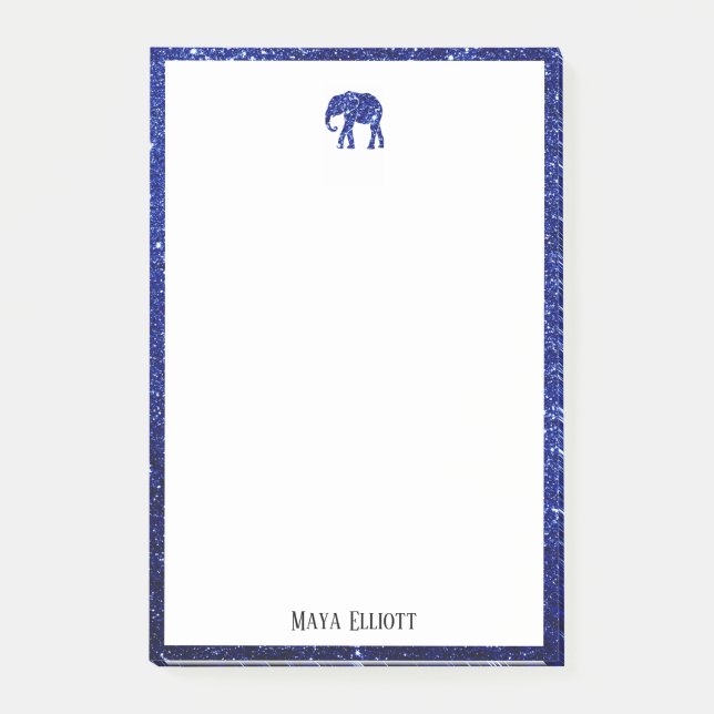Bloco De Notas Branco sobre Elefante com Brilho Falso Azul e Bord (Frente)