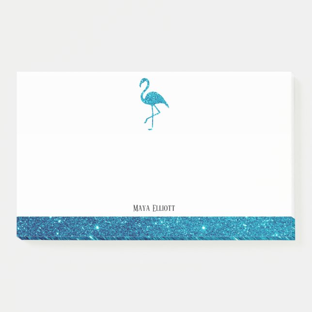 Bloco De Notas Branco sobre Flamingo Glitter Falso Teal & Borda,  (Frente)