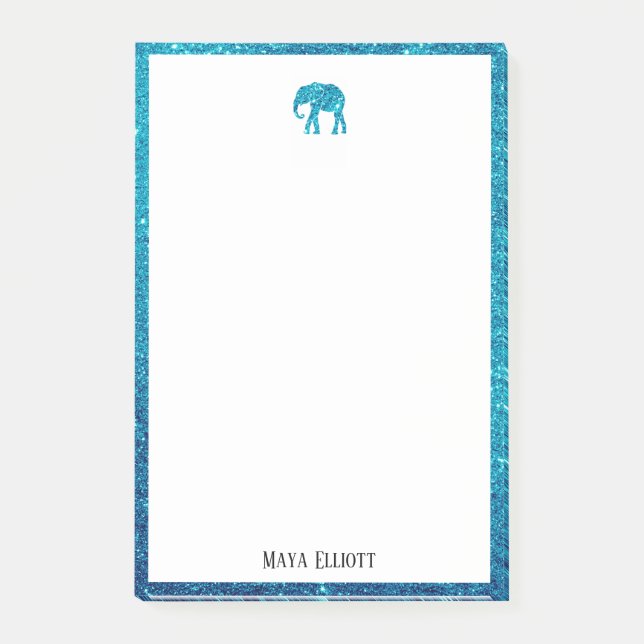 Bloco De Notas Branco sobre Teal Faux Glitter Elephant & Border,  (Frente)
