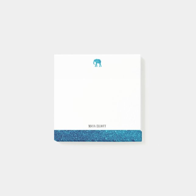 Bloco De Notas Branco sobre Teal Faux Glitter Elephant & Border,  (Frente)