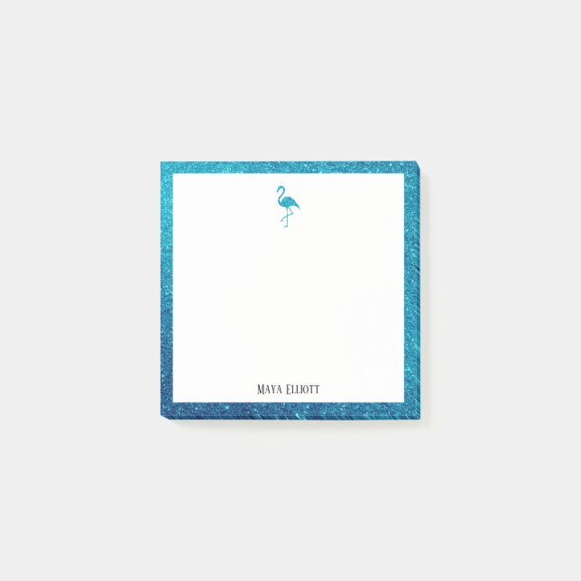 Bloco De Notas Branco sobre Teal Faux Glitter Flamingo & Border,  (Frente)