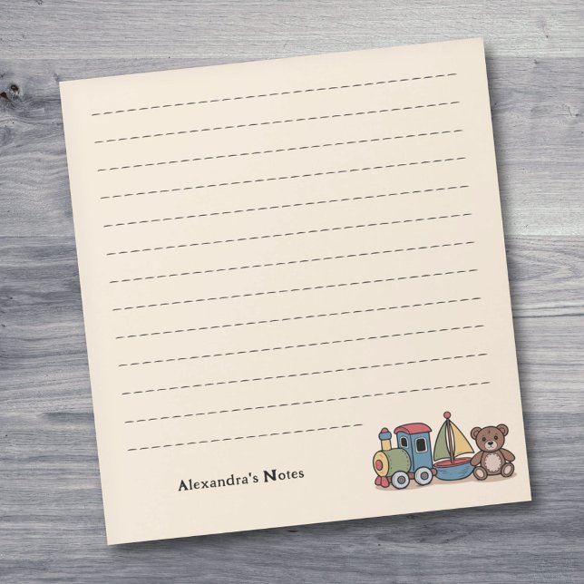 Bloco De Notas Brinquedos de madeira com trem, veleiro e ursinho (Wooden Toys with train, sailboat, and teddy bear Notepad)