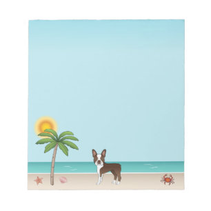 Bloco De Notas Brown Boston Terrier Em Uma Praia Tropical De Verã