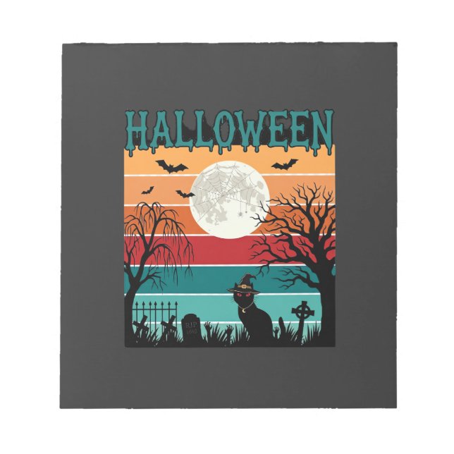 Bloco De Notas Bruxa de Halloween Gato Teia de Aranha Lua Cemitér (Frente)