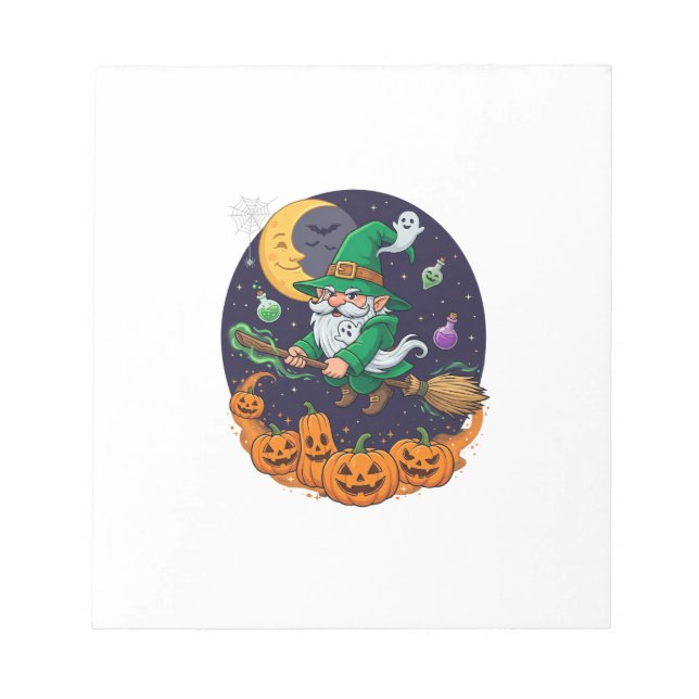Bloco De Notas Bruxa de Halloween Gnome Vassoura Abóboras Lua (Frente)