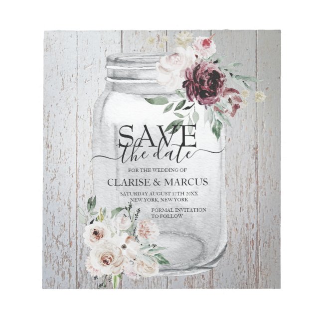 Bloco De Notas BUDGET Rustic Mason Jar Salve a Data Convite (Frente)