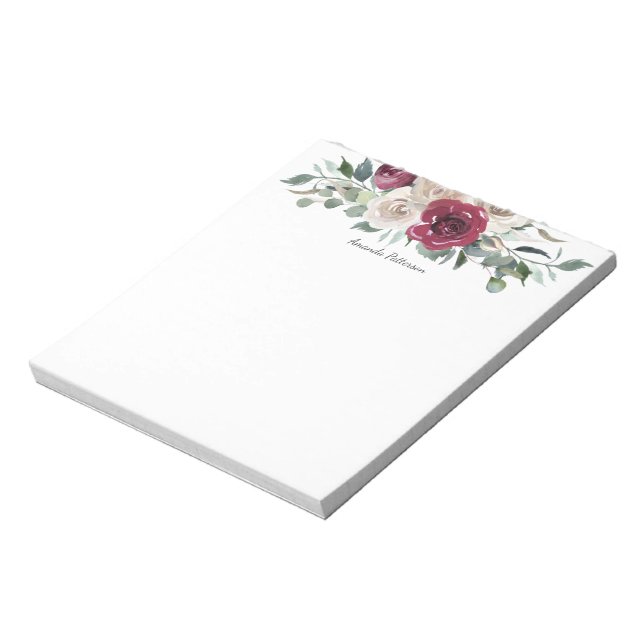 Bloco De Notas Burgunday e White Rose Floral com seu nome (Invertido)