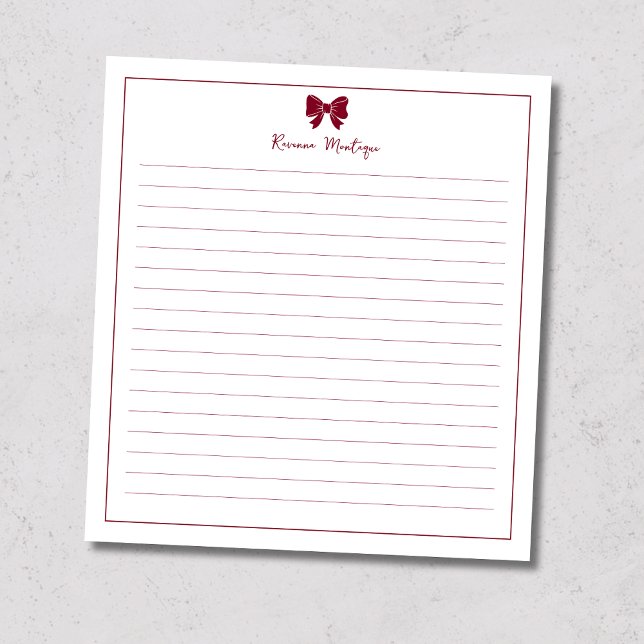 Bloco De Notas Burgundy Bow Border Custom Name Lined (Criador carregado)