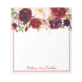 Bloco De Notas Burgundy Marsala Watercolor Floral Personalize