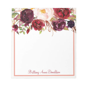 Bloco De Notas Burgundy Marsala Watercolor Floral Personalize