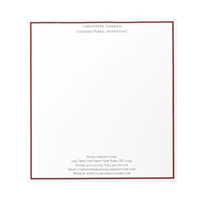 Bloco De Notas Burgundy White Professional Business Personalizado (Frente)