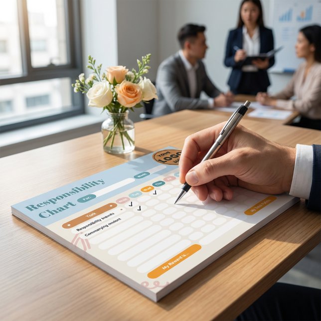 Bloco De Notas Business Responsibility Chores Chart Logo Checklis (Orange and Blue Business Responsibility Chores Checklist Design)