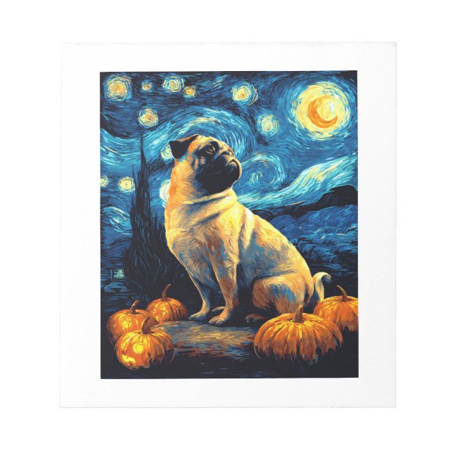 Bloco De Notas Cachorro Pug da noite estrelada de van gogh hallow (Frente)