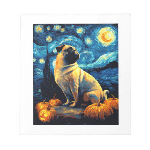 Bloco De Notas Cachorro Pug da noite estrelada de van gogh hallow