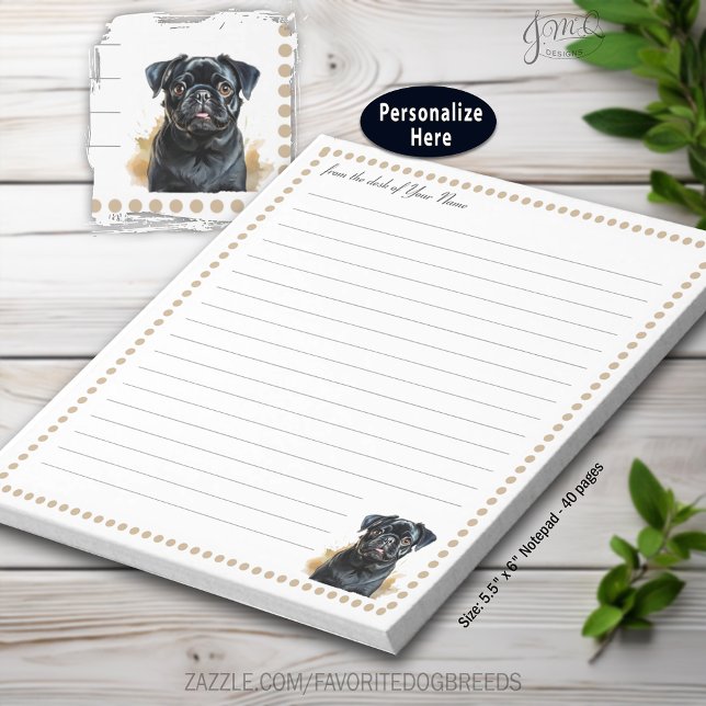 Bloco De Notas Cachorro Pug Preto Personalizado com Linhas (Black Pug Dog Personalized lined Notepad)
