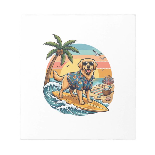 Bloco De Notas Cachorro Retriever Dourado Surfando Prancha de Sur (Frente)