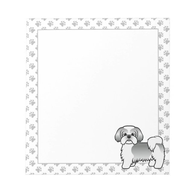 Bloco De Notas Cachorro Shih Tzu Cartoon Fofo Prateado E Branco (Frente)