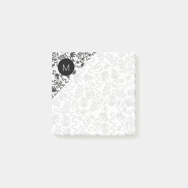 Bloco De Notas Cachos Doodle Monogramados Preto e Branco (Frente)
