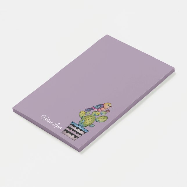 Bloco De Notas Cactus E Ave Arco-Íris Em Aquarela (Inclinado)