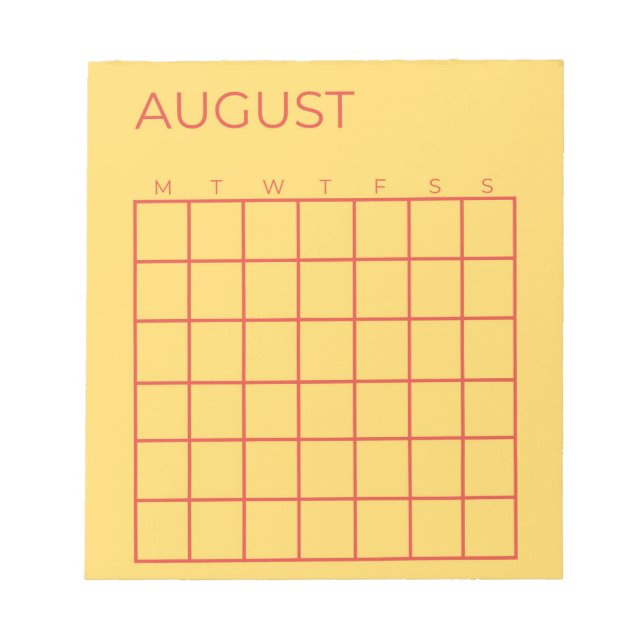 Bloco De Notas Calendário Amarelo Vermelho Inatualizado de Agosto (Frente)