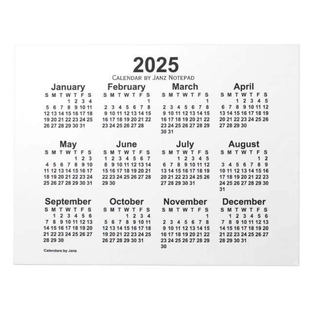 Bloco De Notas Calendário Branco de 2025 por Notepad 11x8.5 de ja (Frente)