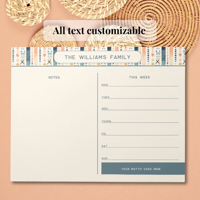 Bloco De Notas Calendário da Família Boho Weekly com Seção Notas (All text customizable on this weekly planner tearaway notepad. Soft boho styling in warm hues.)