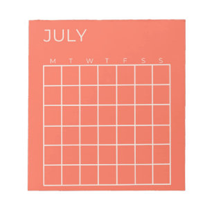 Bloco De Notas Calendário de julho do Planejador Coral White Não 