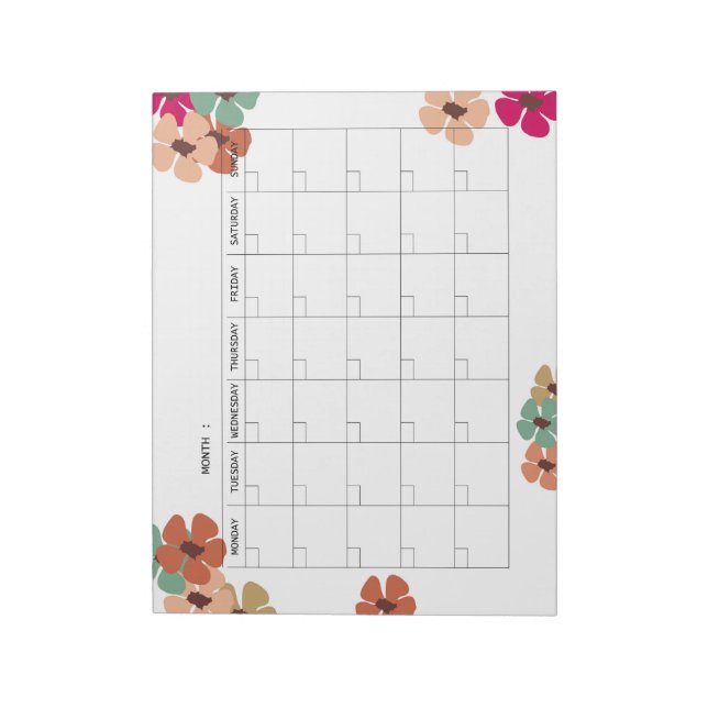 Bloco De Notas Calendário mensal floral não datado (Invertido)