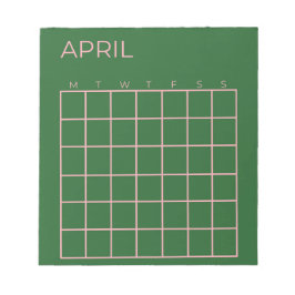 Bloco De Notas Calendário Não Atualizado de abril Verde Rosa para