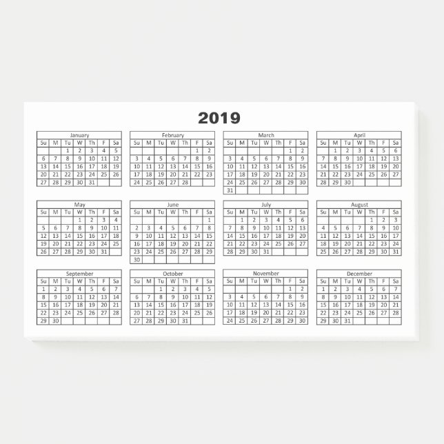 Bloco De Notas Calendário Preto 2019 em Branco (Frente)