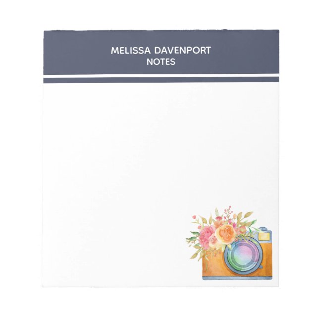 Bloco De Notas Câmera Laranja Boho e Buquê Floral Aquarela (Frente)