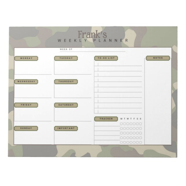 Bloco De Notas Camo Weekly Planner (Frente)