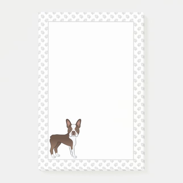 Bloco De Notas Cão Cartoon Boston Terrier Marrom E Branco & Patas (Frente)