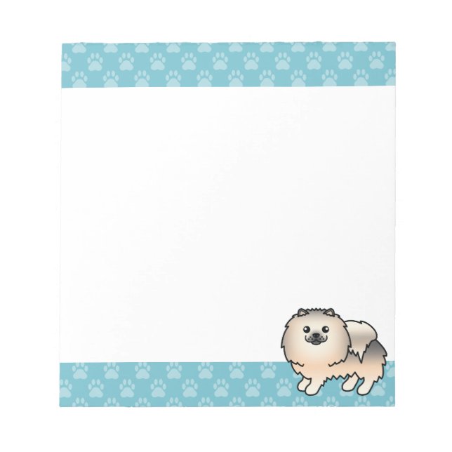 Bloco De Notas Cão Pomerânia Sable Creme E Bordas Azuis (Frente)