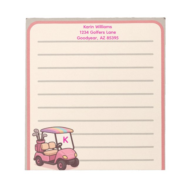 Bloco De Notas Carrinho de Golfe Rosa Personalizado (Frente)