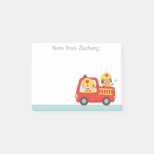 Bloco De Notas Carro de bombeiros vermelho com menino e filhote (Frente)