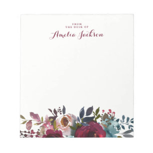 Bloco De Notas Carta Floral Personalizada Azul Borgonha