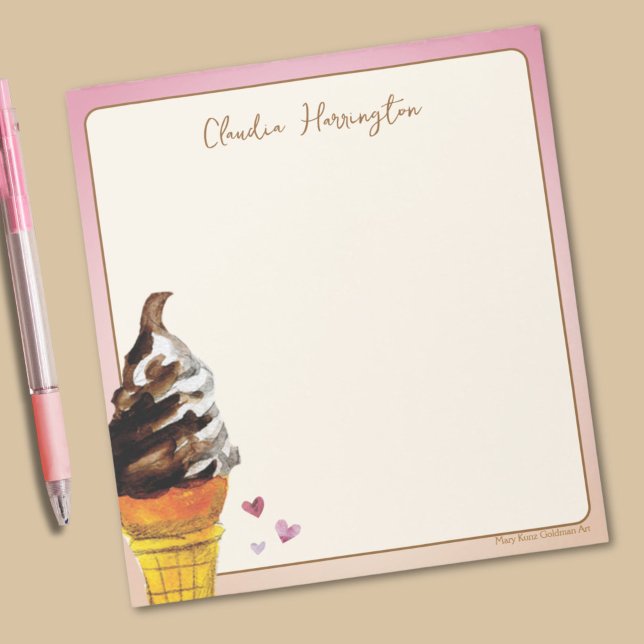 Bloco De Notas Carta Personalizada Cone do Sorvete de Aquarela (This colorful ice cream notepad features my own vivid watercolor of a chocolate vanilla twist cone.)
