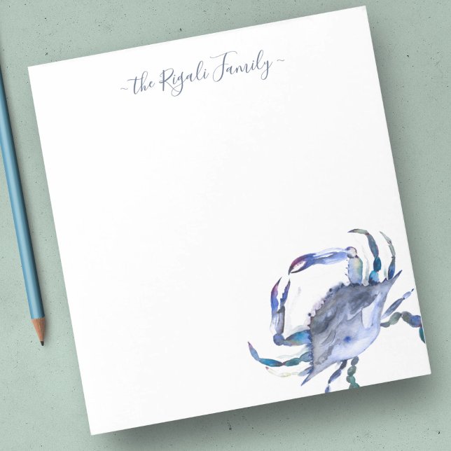 Bloco De Notas Carta Personalizada de Caranguejo Azul-Cria (custom note pad beach blue watercolor crab )