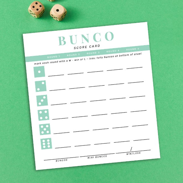 Bloco De Notas Cartão de Pontuação Bunco Azul Hortelã e Branco (modern tear-off notepad Bunco score card with mint green accents )