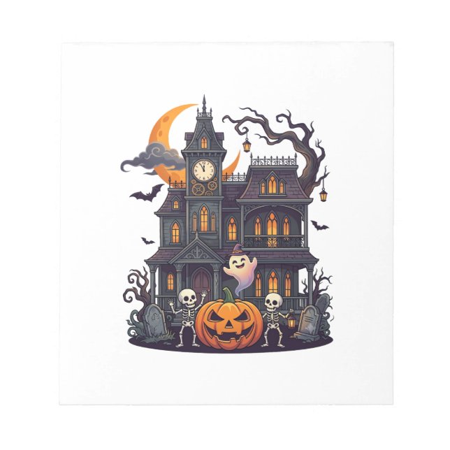 Bloco De Notas Casa Assombrada de Halloween Esqueletos Abóbora Fa (Frente)