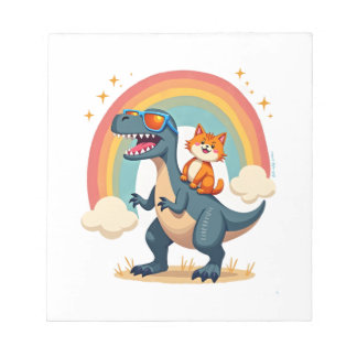 Bloco De Notas Cat Riding Dinosaur T-Rex Kitten Rainbow Dino Funn
