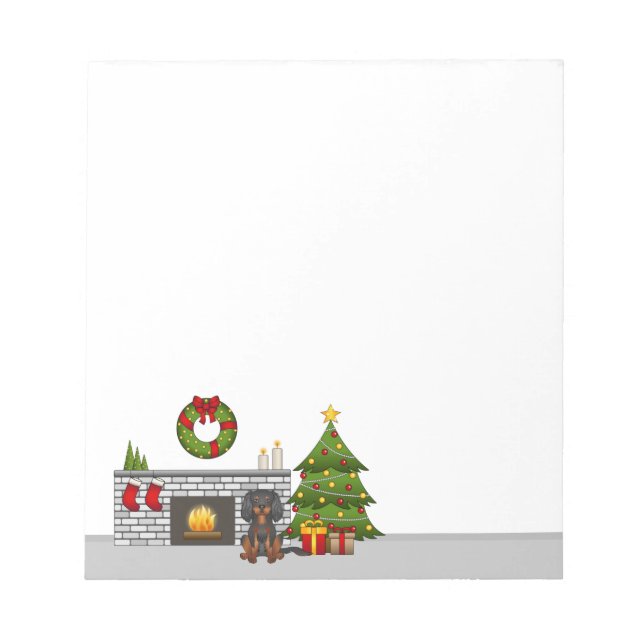 Bloco De Notas Cavalier Black & Tan em uma Sala de Natal Festiva (Frente)