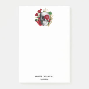 Bloco De Notas Caveira do gótico com Flores Vermelhas e Folhas Do