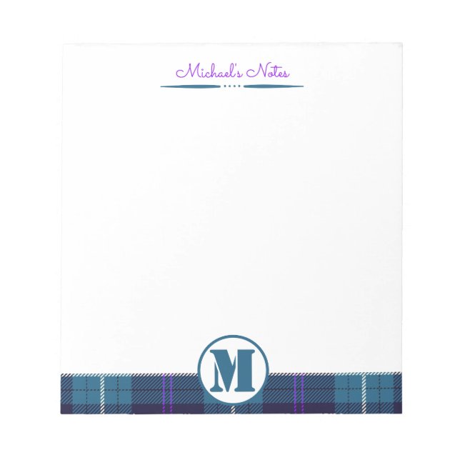 Bloco De Notas Celadon Azul-Azul Escuro Xadrez Tartã Monogramado (Frente)