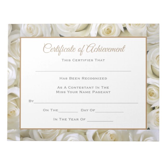 Bloco De Notas Certificados de Pageant estilo Miss América - Real (Frente)